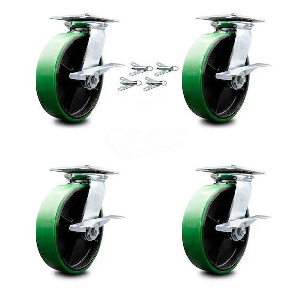 8 Inch Poly on Cast Iron Caster Set with Ball Bearing and Brakes/Swivel Locks